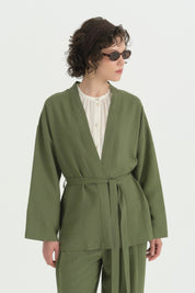 Kuşaklı Keten Kısa Kimono - Yeşil