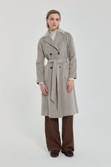 Belted Double-Breasted Herringbone Coat - Brown