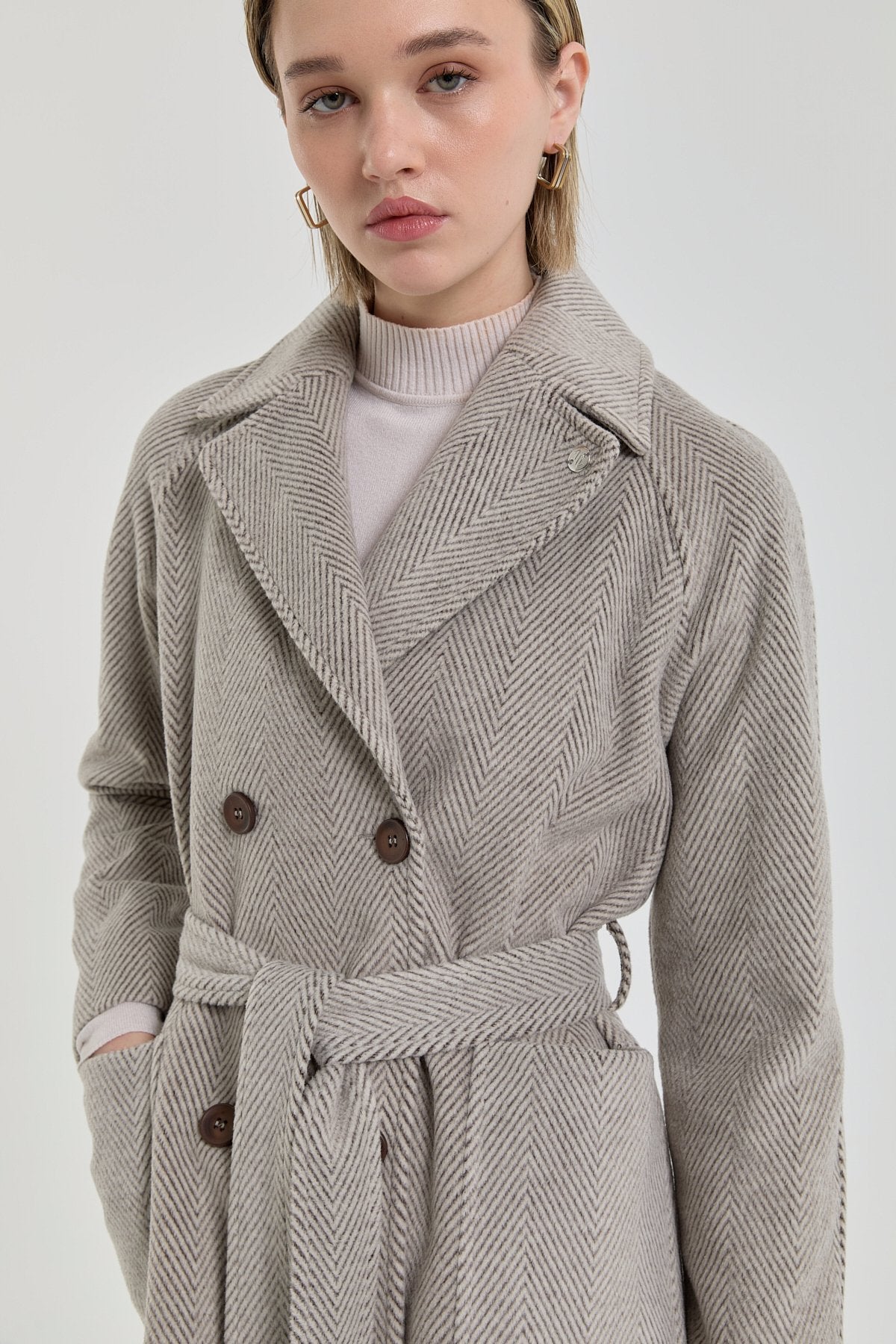 Belted Double-Breasted Herringbone Coat - Brown