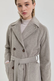 Belted Double-Breasted Herringbone Coat - Brown