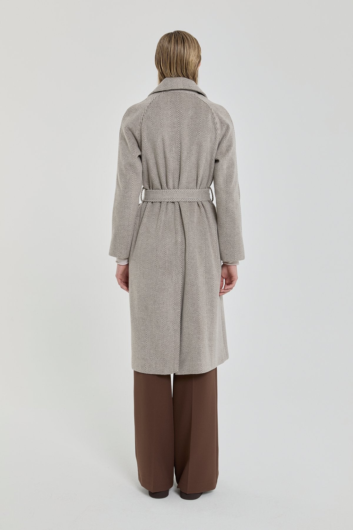 Belted Double-Breasted Herringbone Coat - Brown