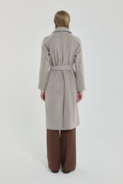 Belted Double-Breasted Herringbone Coat - Brown
