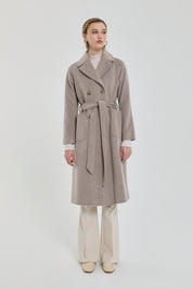 Belted Double-Breasted Herringbone Coat - Mink