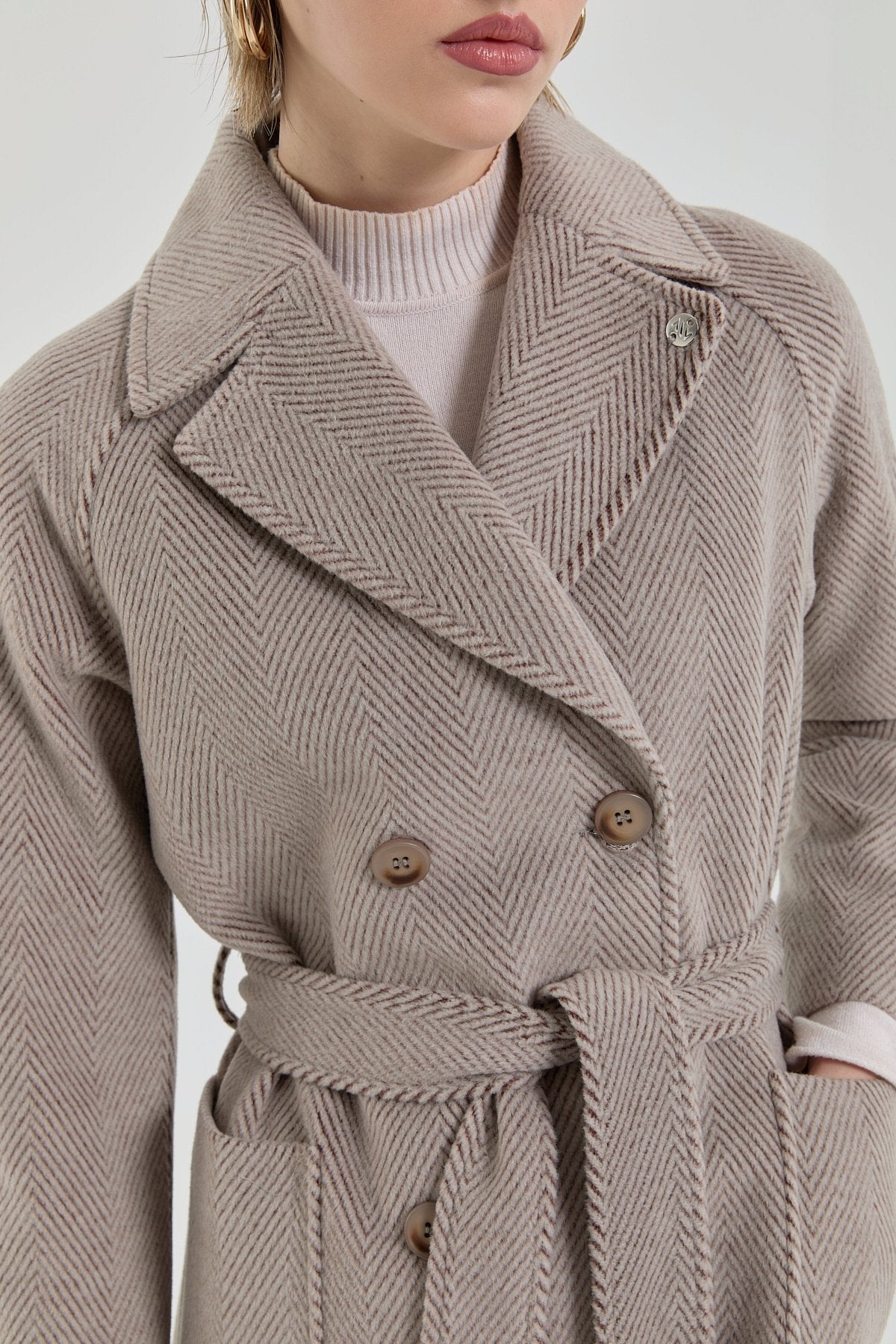 Belted Double-Breasted Herringbone Coat - Mink