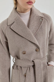 Belted Double-Breasted Herringbone Coat - Mink