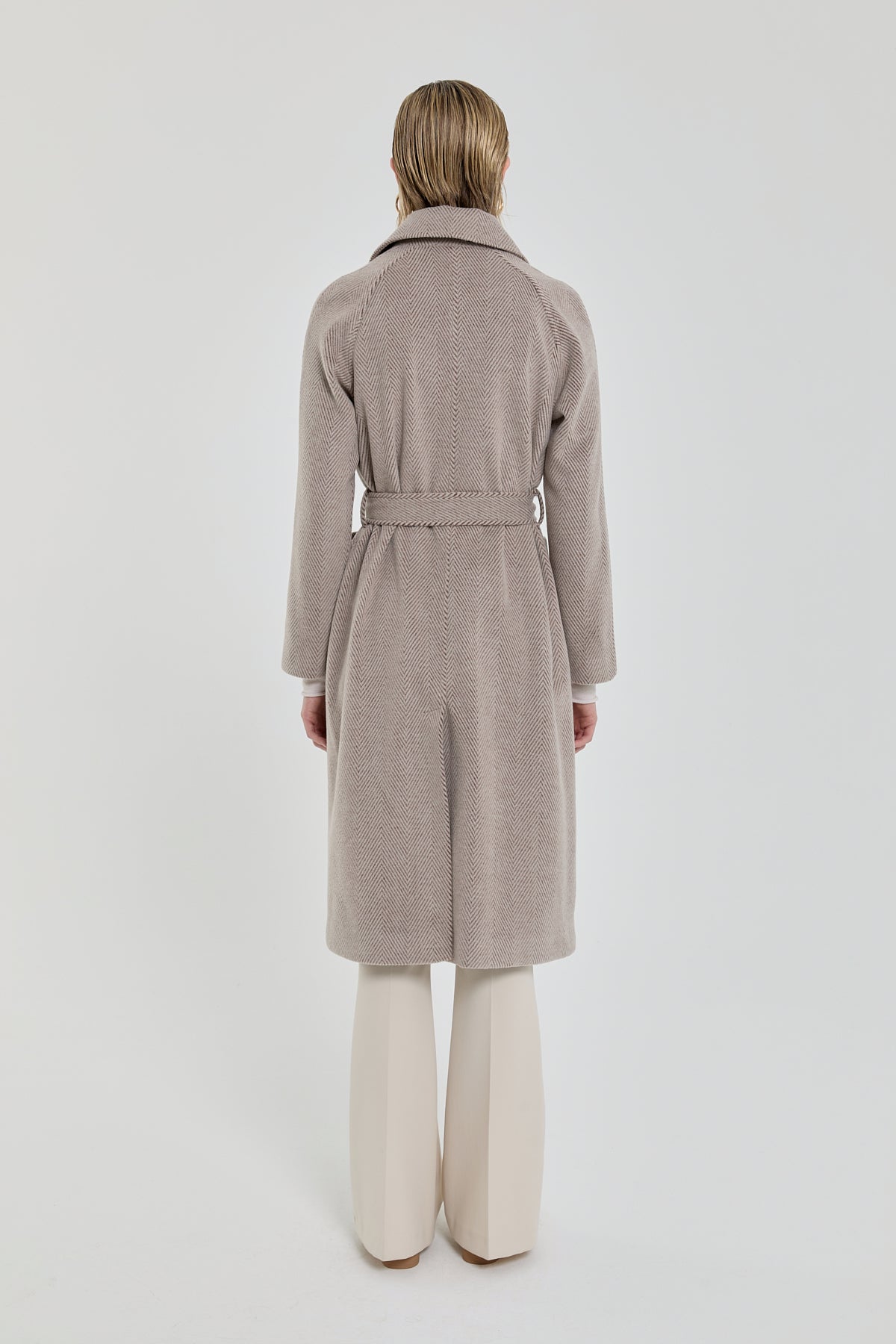 Belted Double-Breasted Herringbone Coat - Mink