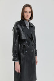 Belted Double-Breasted Leather Trench Coat - Black