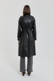 Belted Double-Breasted Leather Trench Coat - Black
