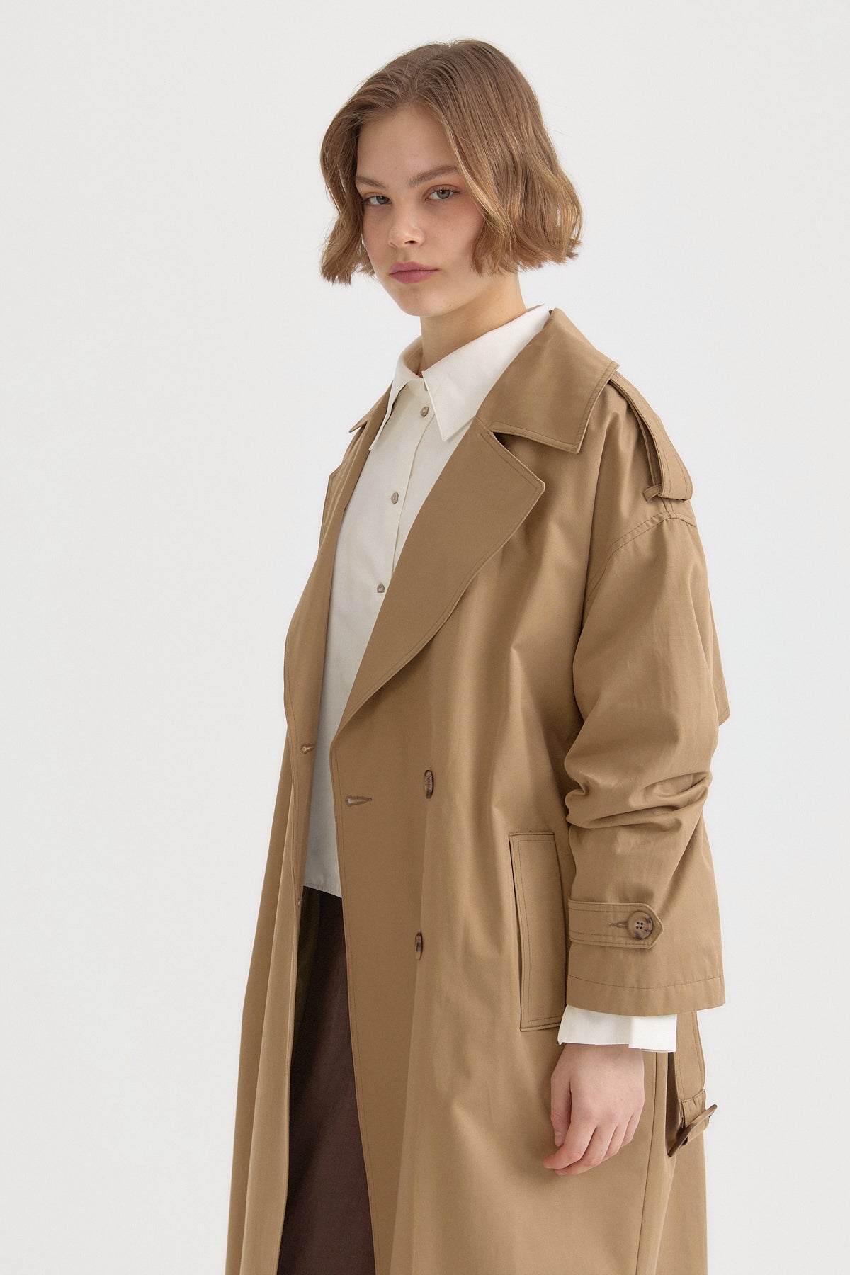 Cotton Belted Wrap Trench Coat with Button Closure - Olive