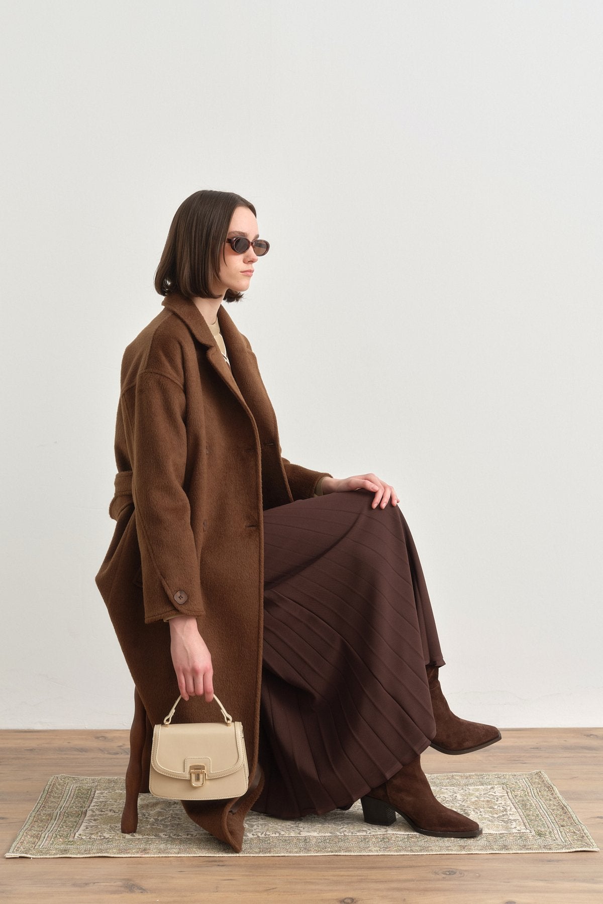Belted Double-Breasted Coat - Light Brown