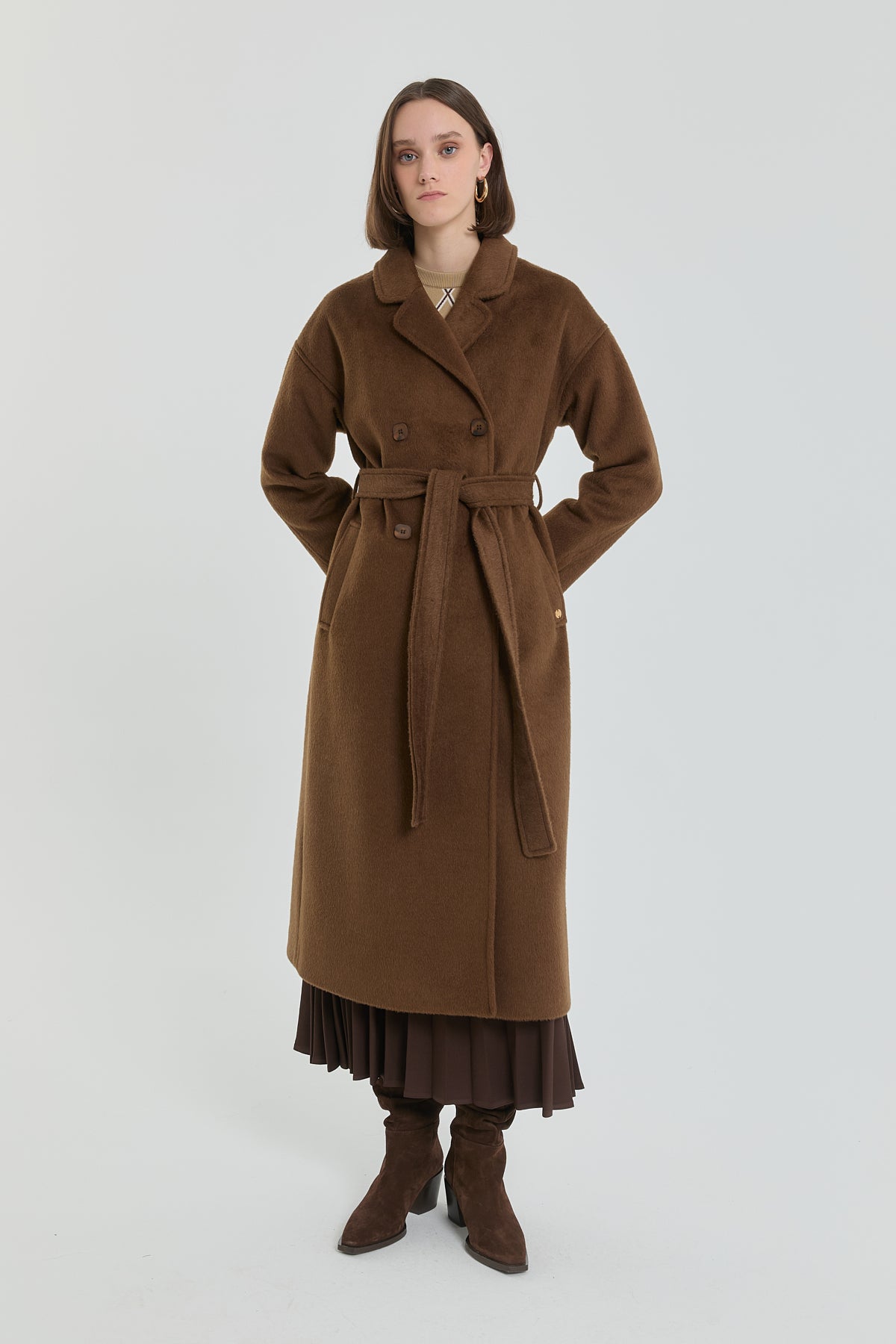 Belted Double-Breasted Coat - Light Brown