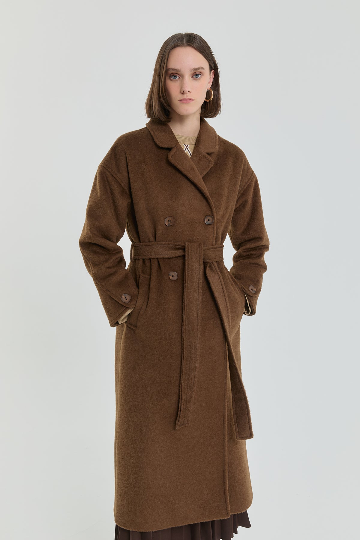 Belted Double-Breasted Coat - Light Brown