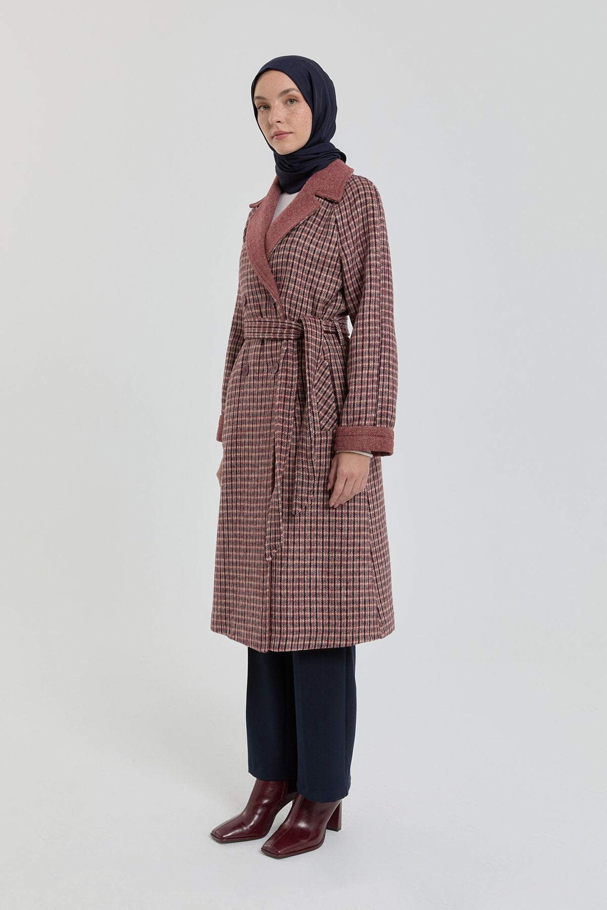 Kuşaklı Kruvaze Kaban - Bordo