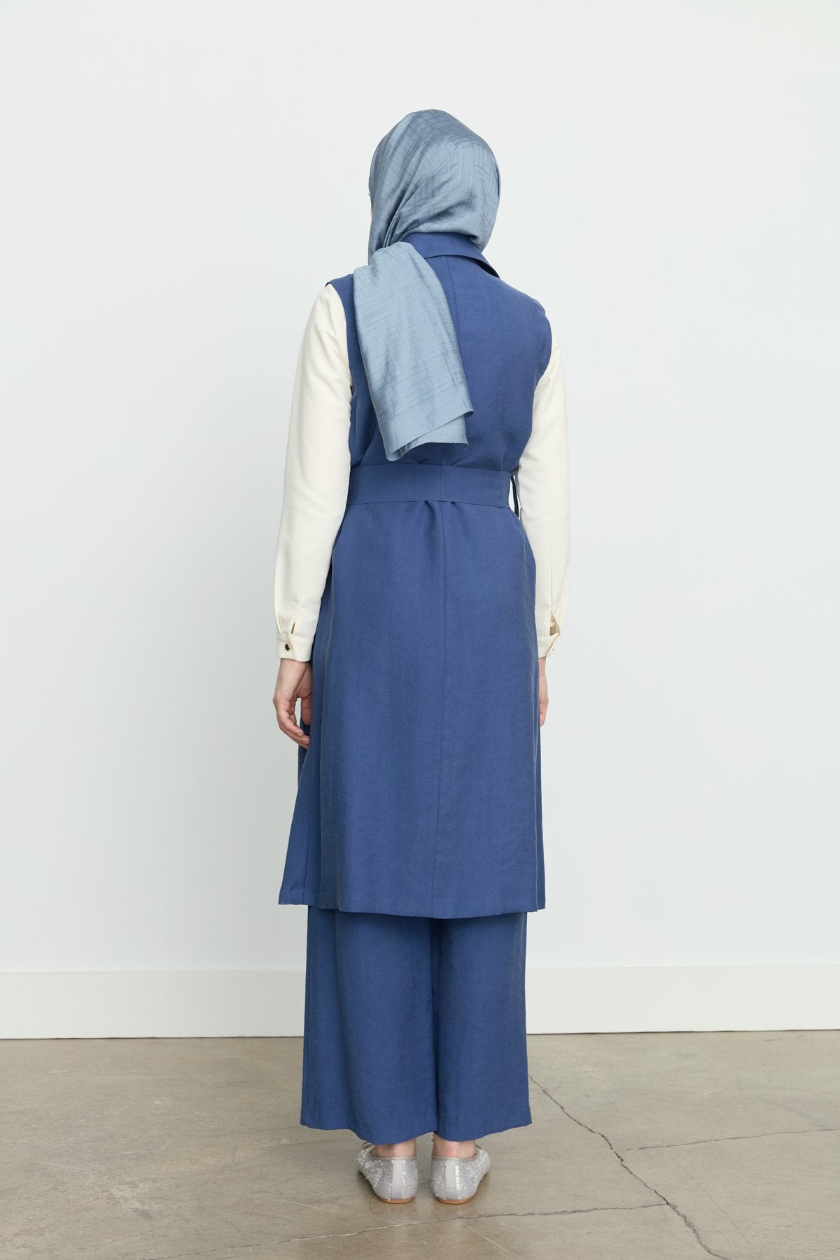 Kuşaklı Kruvaze Tencel Yelek - İndigo