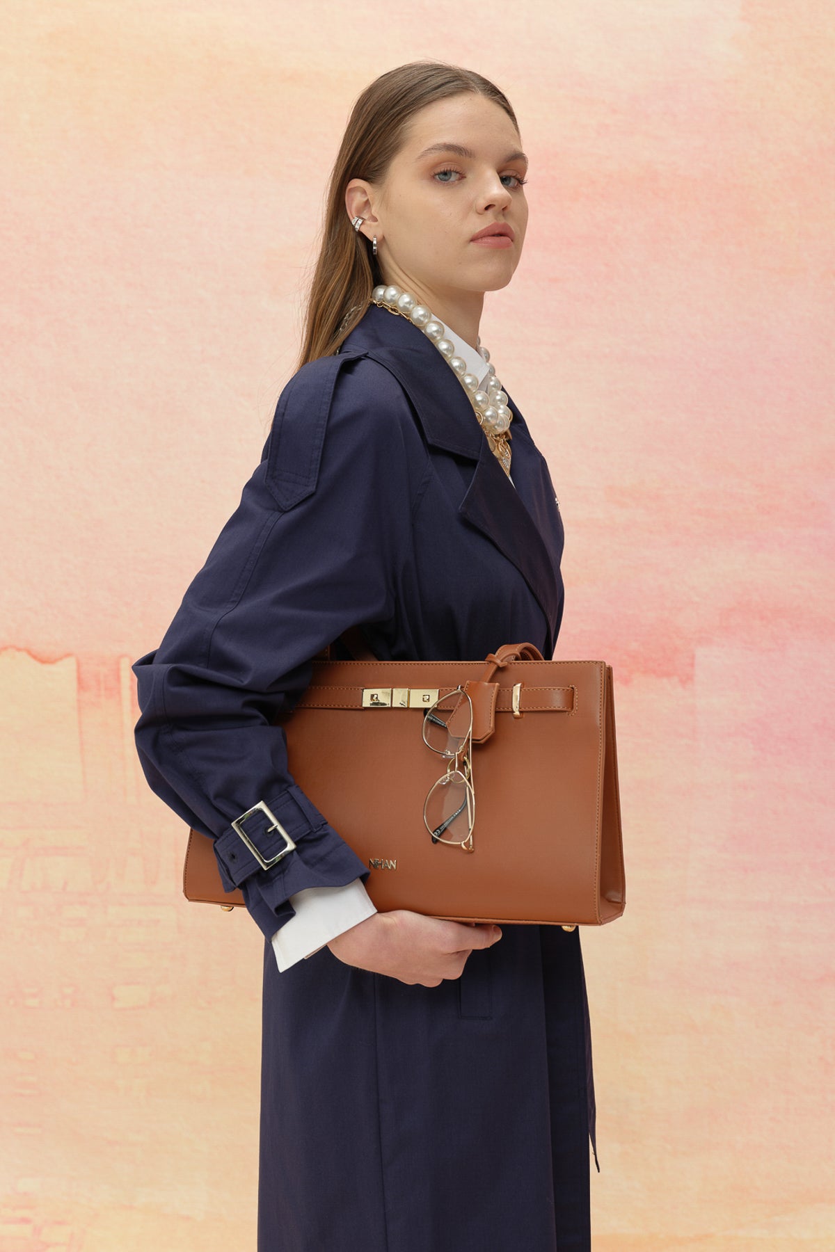 Belted Double-Breasted Trench Coat - Navy Blue