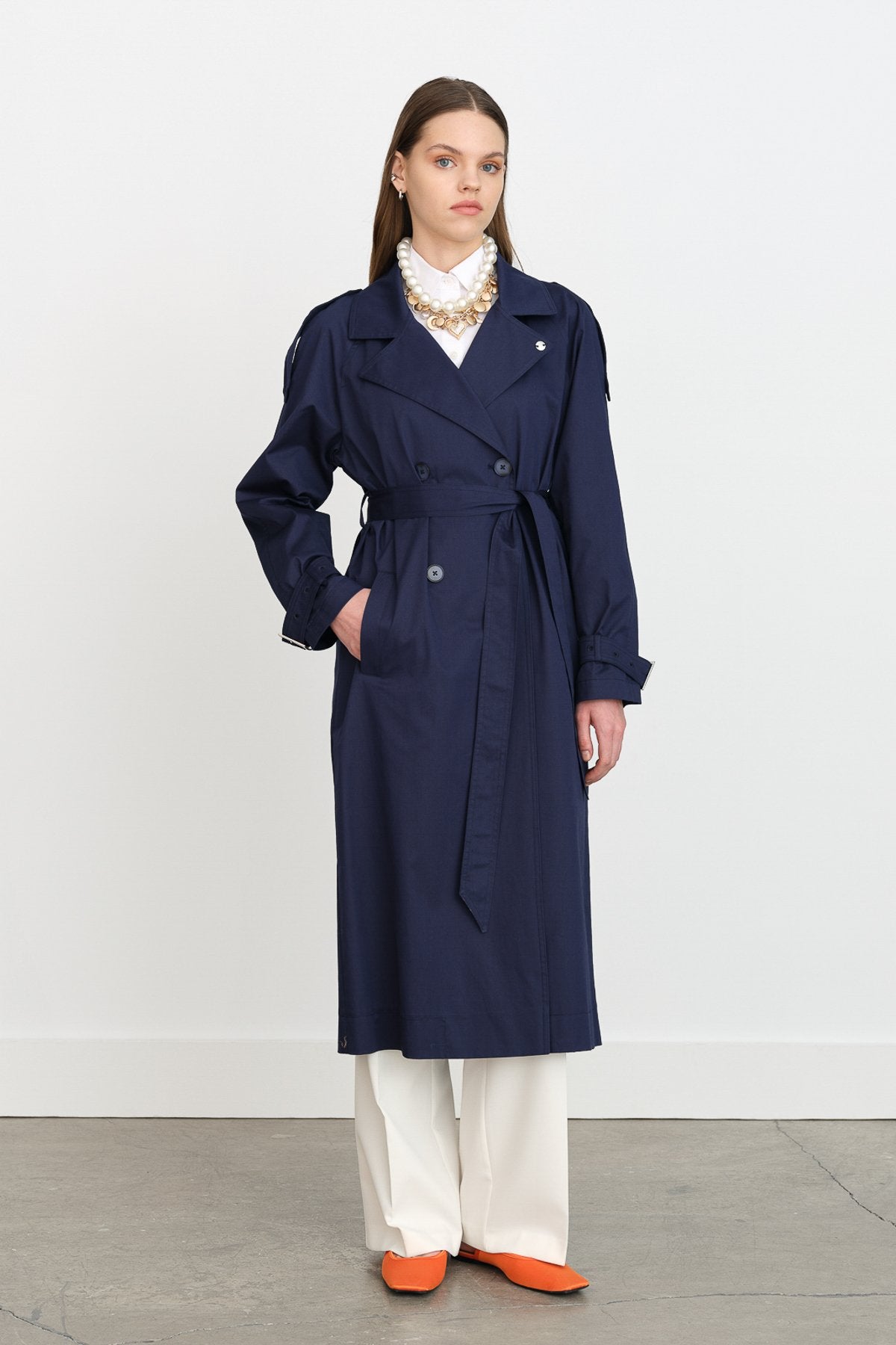 Belted Double-Breasted Trench Coat - Navy Blue