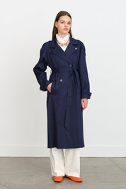 Belted Double-Breasted Trench Coat - Navy Blue