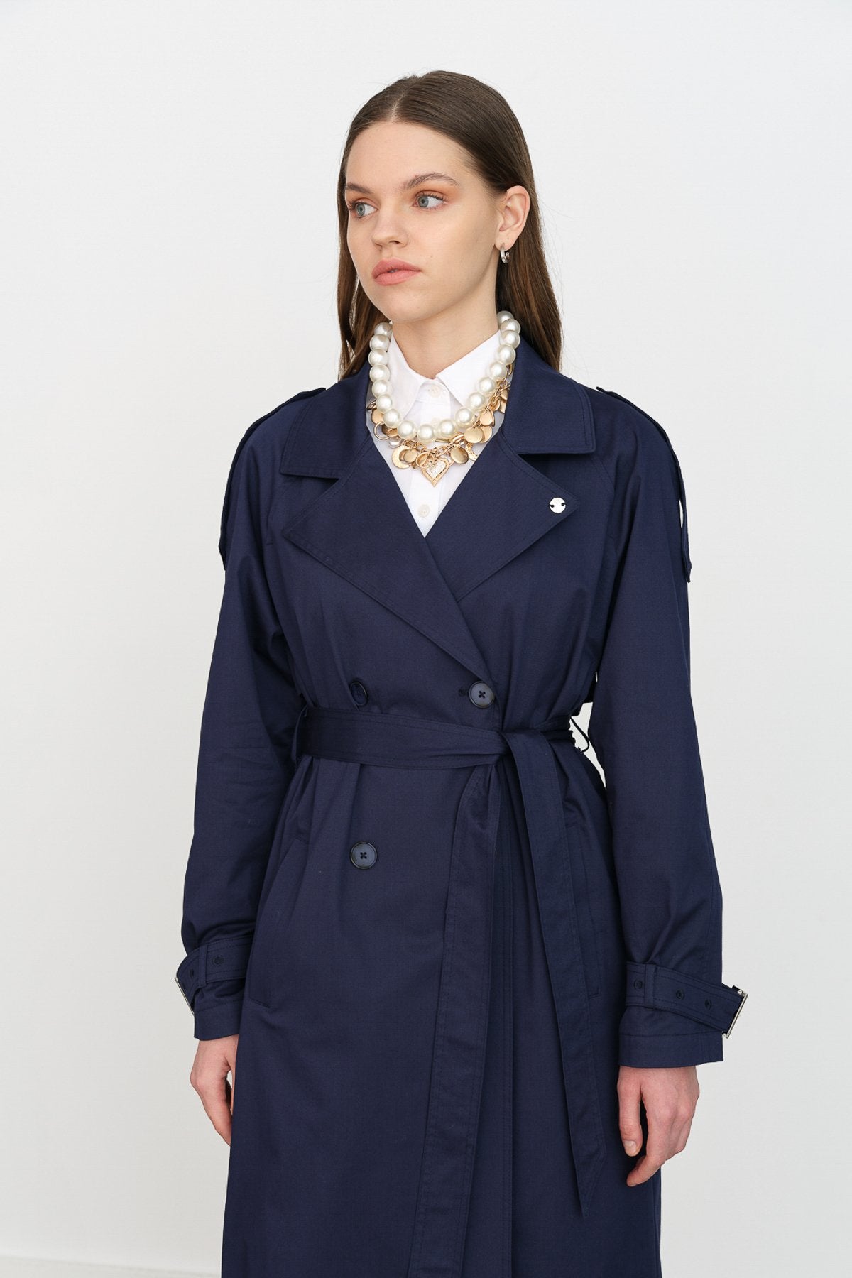Belted Double-Breasted Trench Coat - Navy Blue