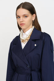 Belted Double-Breasted Trench Coat - Navy Blue