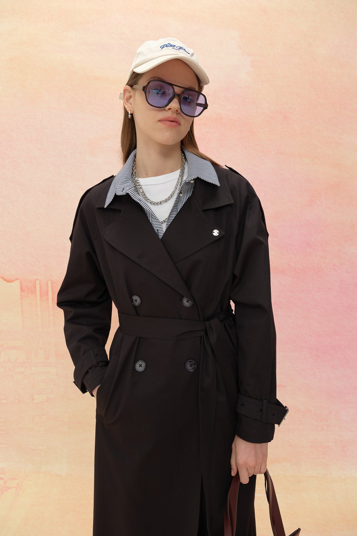 Belted Double-Breasted Trench Coat - Black