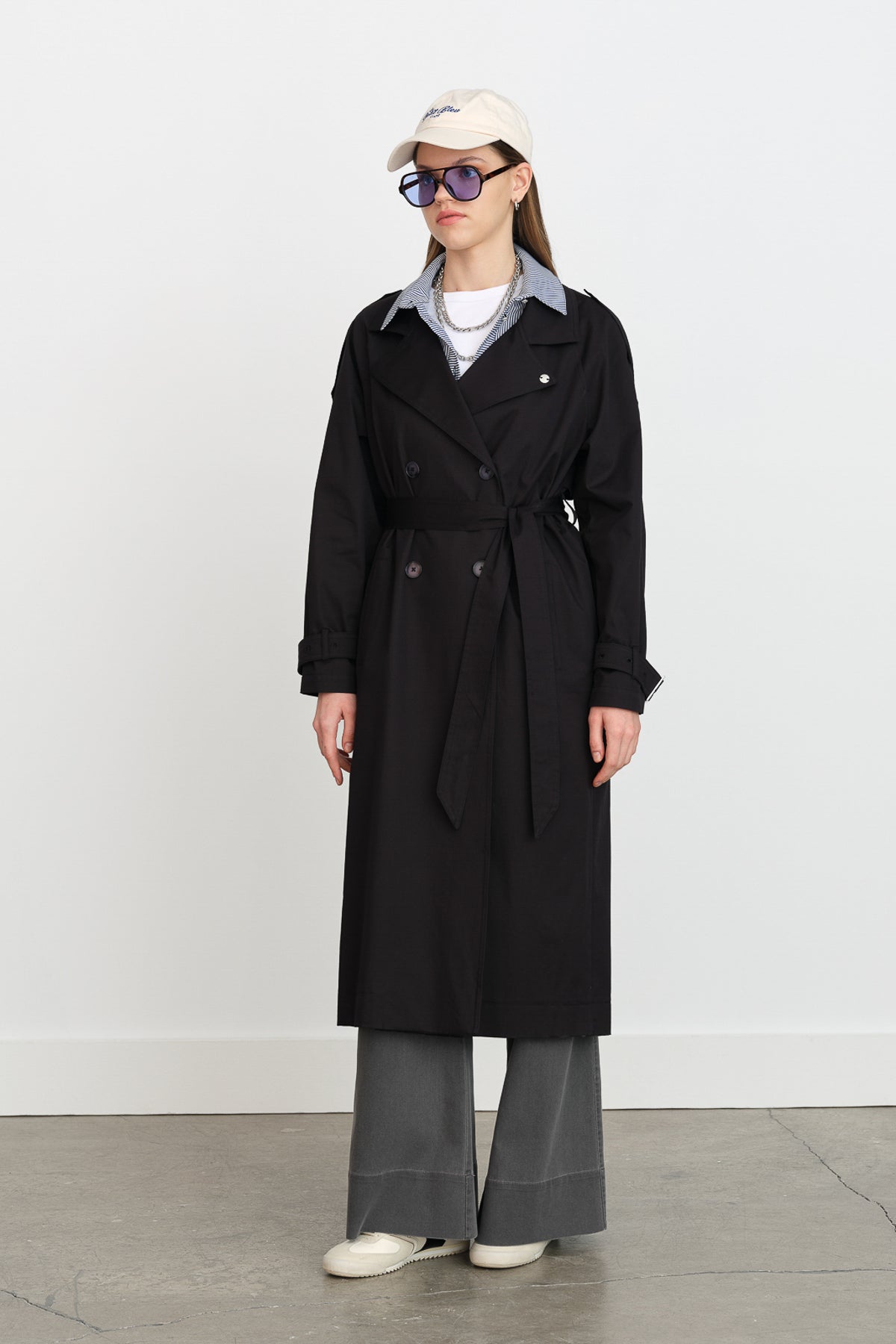 Belted Double-Breasted Trench Coat - Black