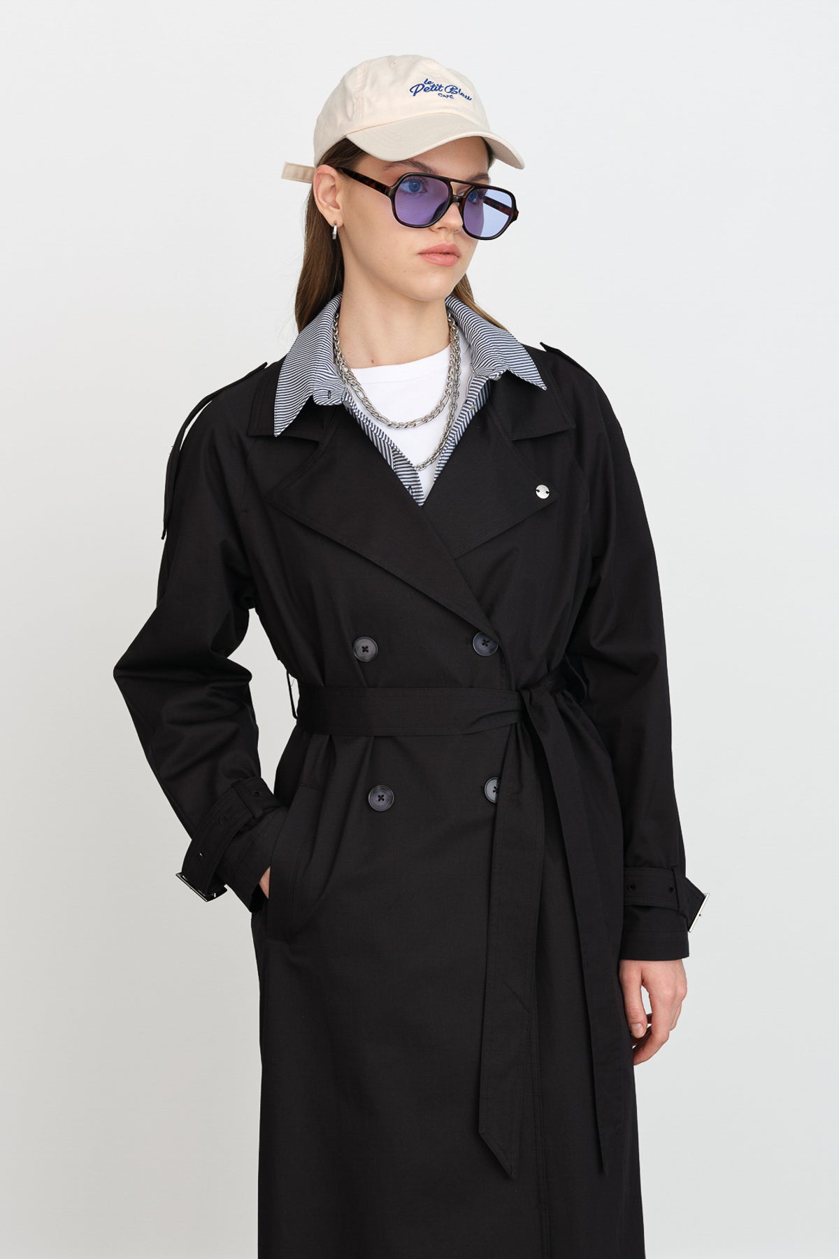 Belted Double-Breasted Trench Coat - Black