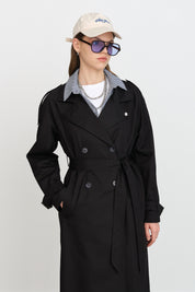 Belted Double-Breasted Trench Coat - Black