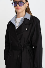 Belted Double-Breasted Trench Coat - Black