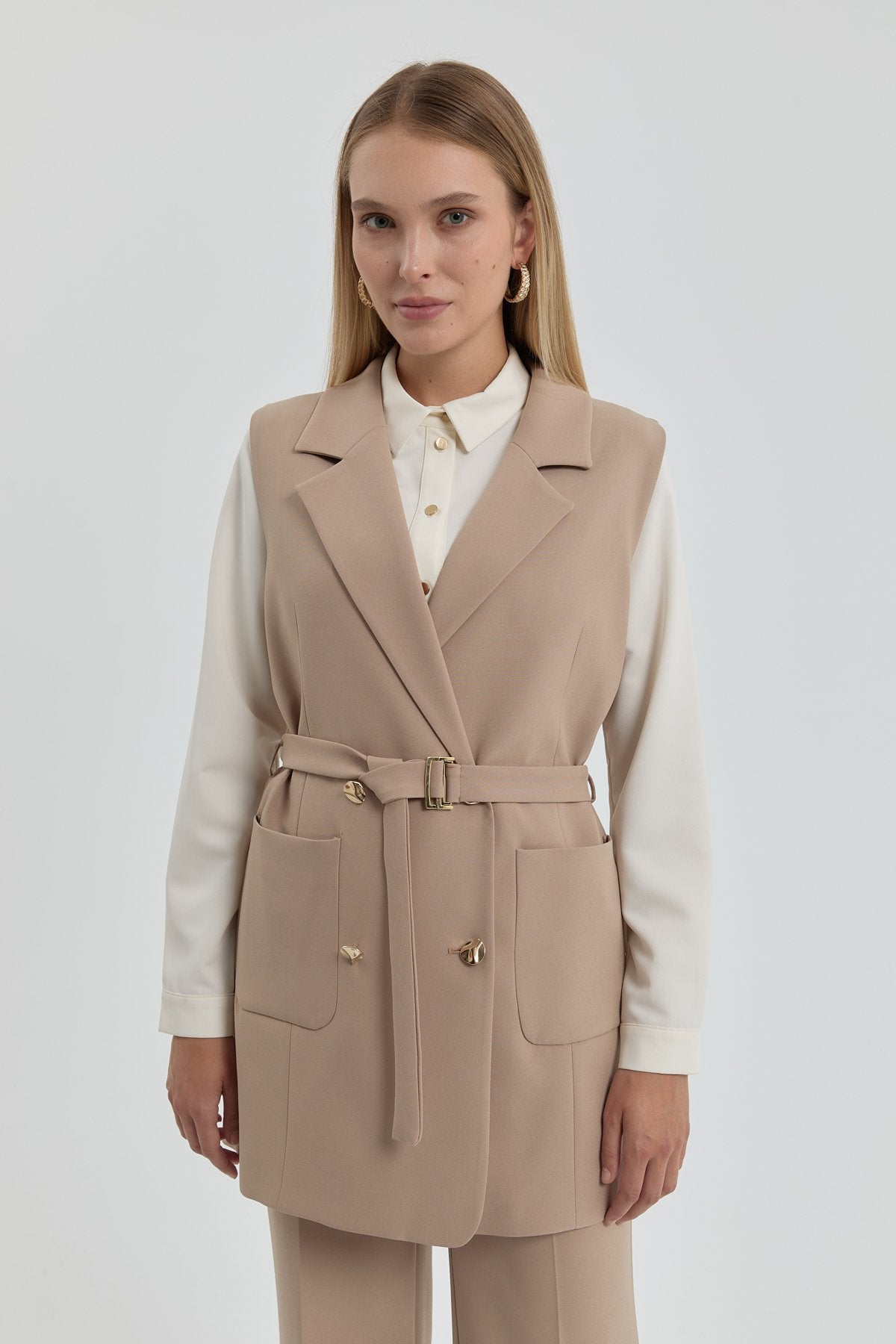 Belted Double-Breasted Vest - Beige