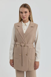 Belted Double-Breasted Vest - Beige