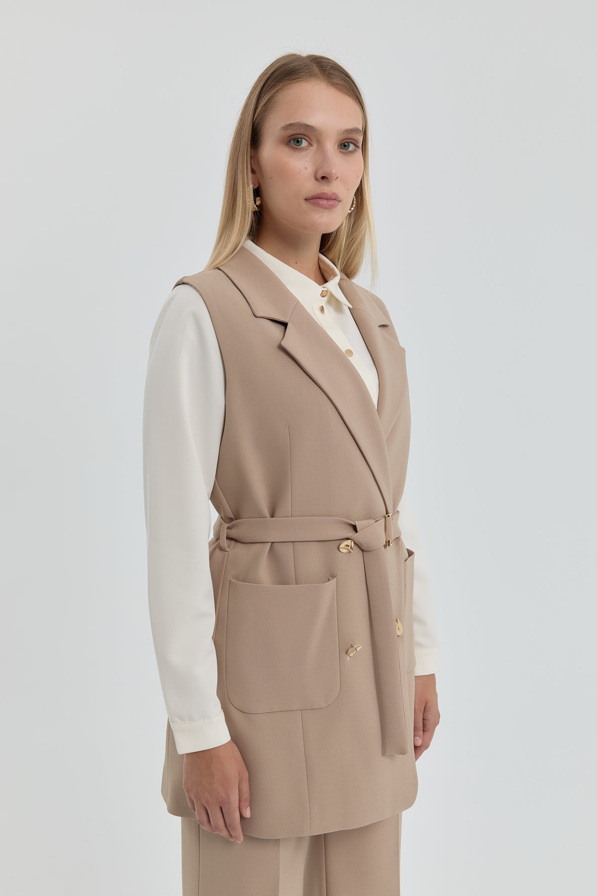 Belted Double-Breasted Vest - Beige