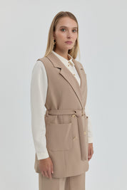 Belted Double-Breasted Vest - Beige