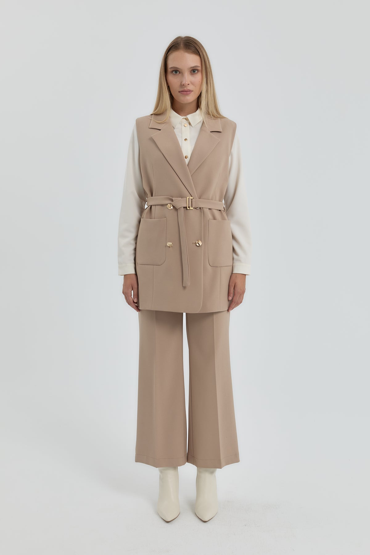 Belted Double-Breasted Vest - Beige