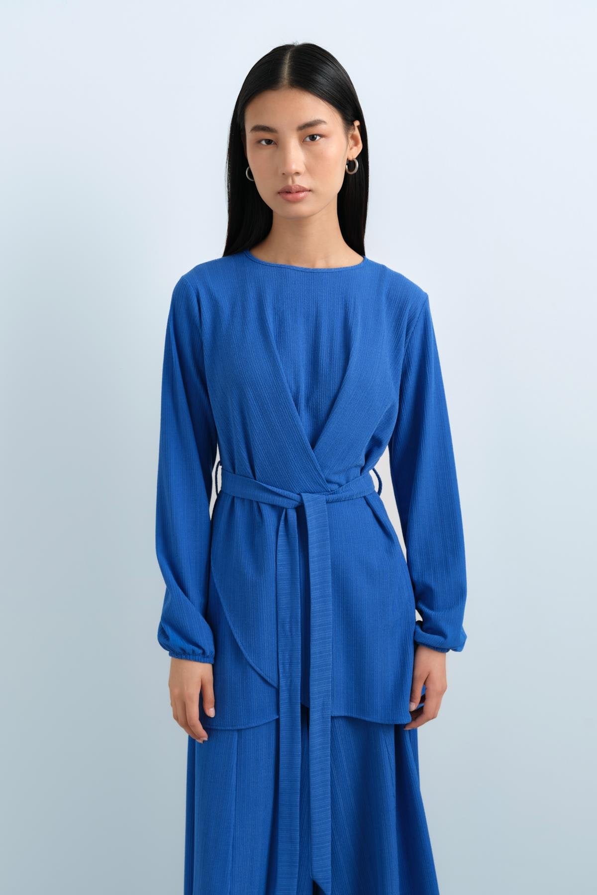 Kuşaklı Pantolon Tunik Takım - Saks