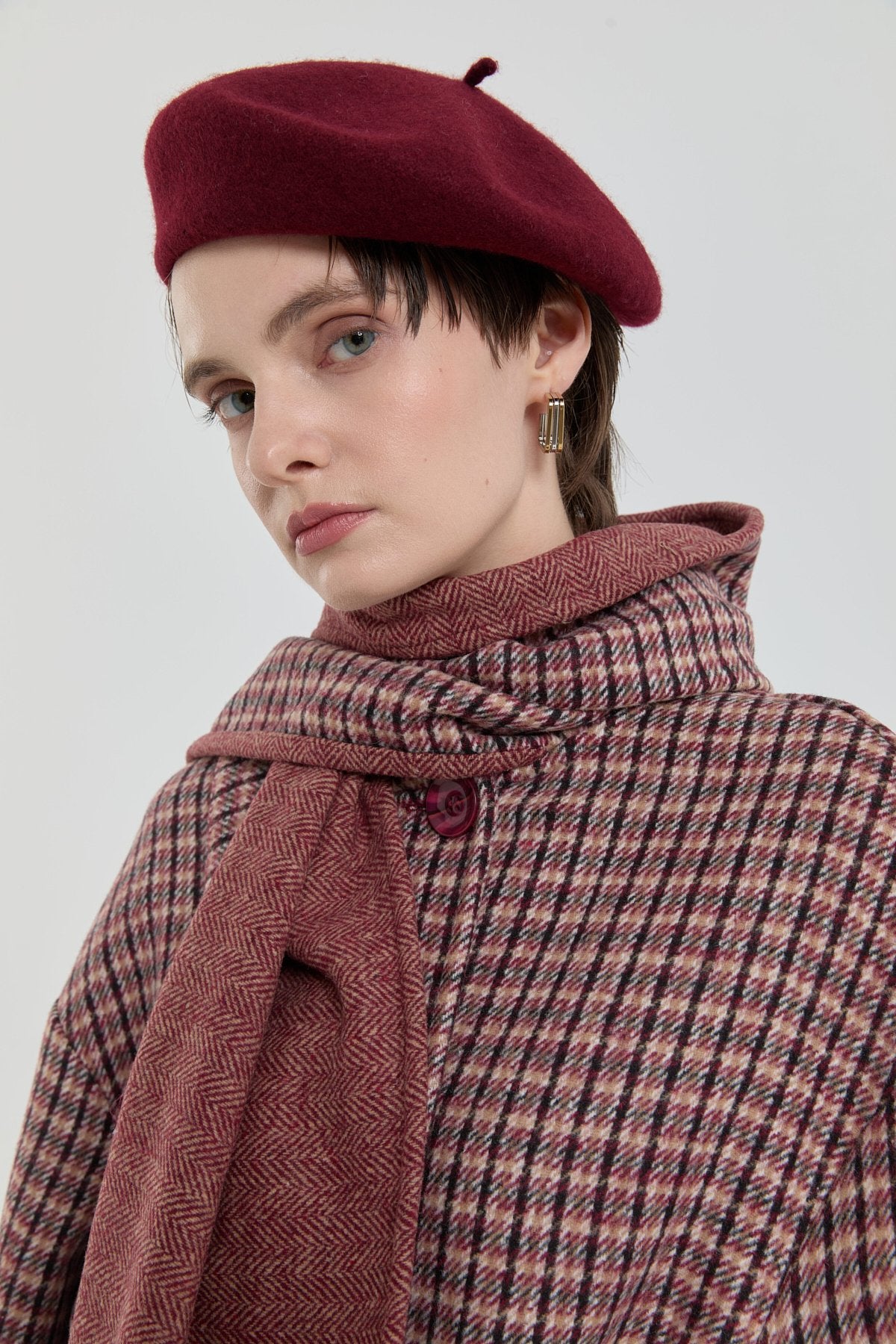 Kuşaklı Şal Yaka Detaylı Kaban - Bordo