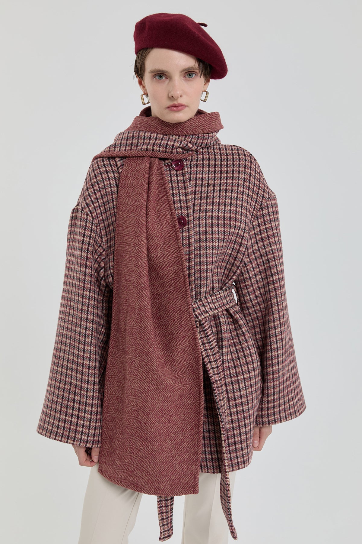 Kuşaklı Şal Yaka Detaylı Kaban - Bordo