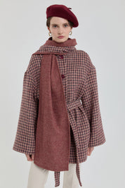Kuşaklı Şal Yaka Detaylı Kaban - Bordo