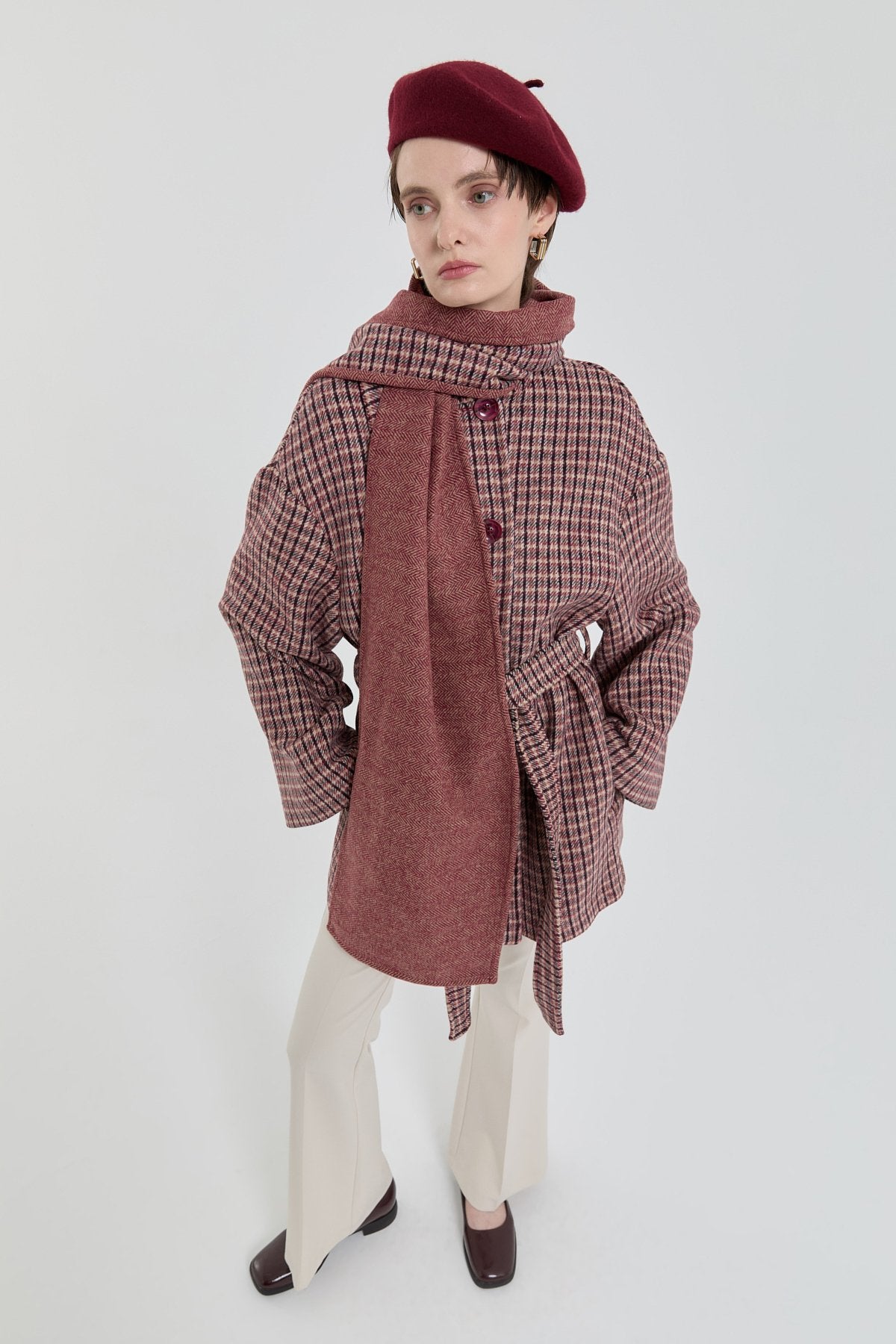 Kuşaklı Şal Yaka Detaylı Kaban - Bordo