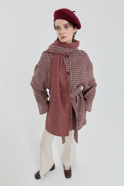 Kuşaklı Şal Yaka Detaylı Kaban - Bordo