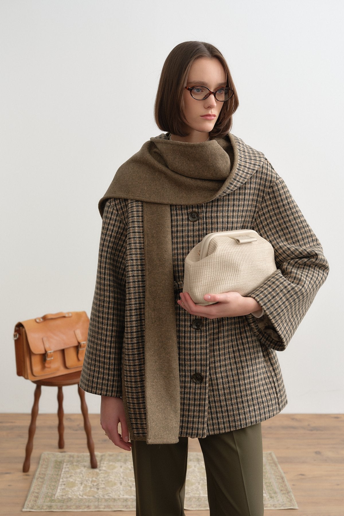 Belted Shawl Collar Detail Coat - Khaki
