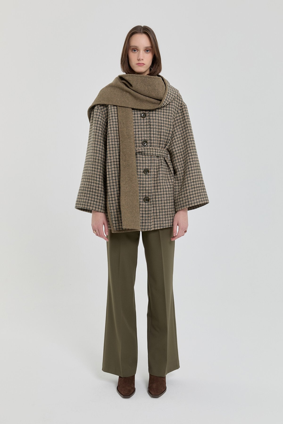 Belted Shawl Collar Detail Coat - Khaki