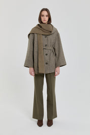 Belted Shawl Collar Detail Coat - Khaki