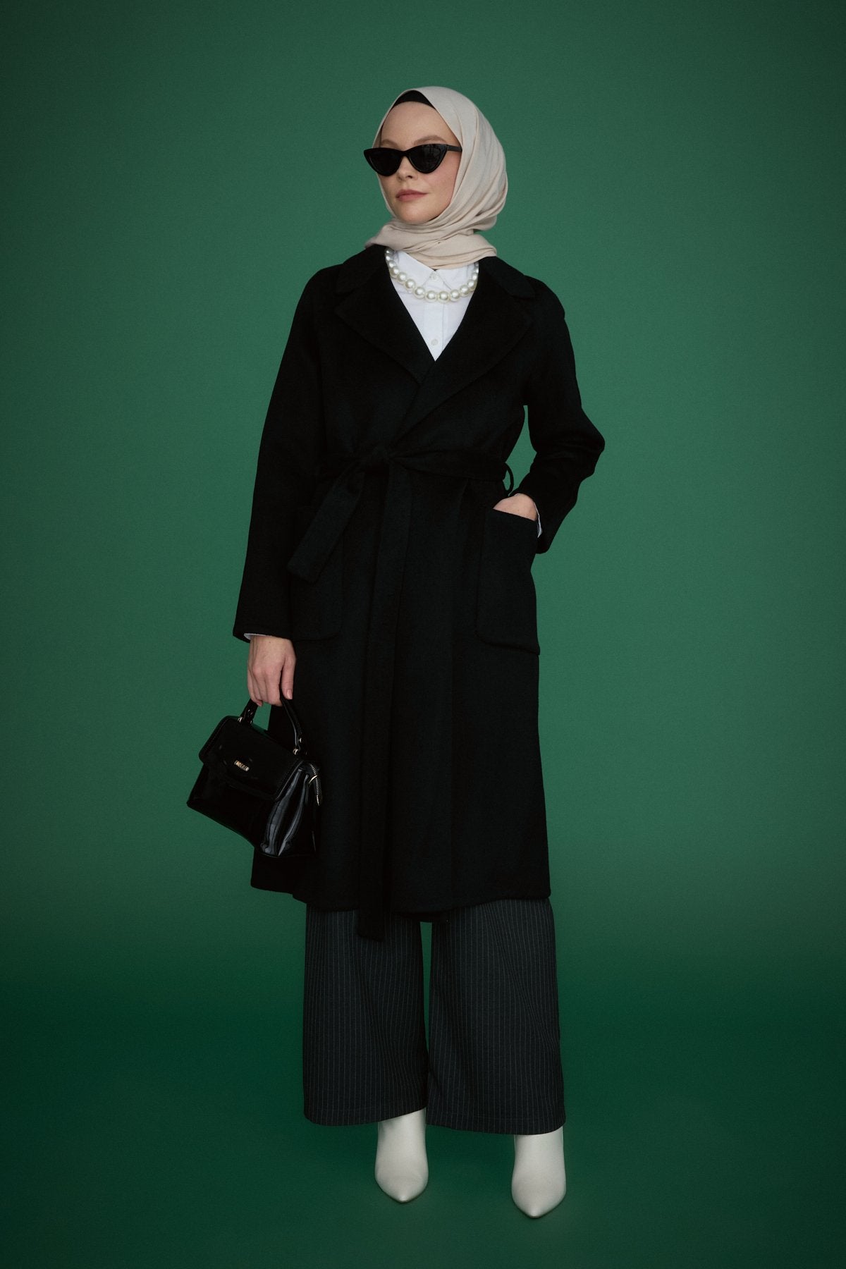 Belted Cashmere Coat with Patch Pockets - Black