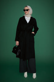 Belted Cashmere Coat with Patch Pockets - Black
