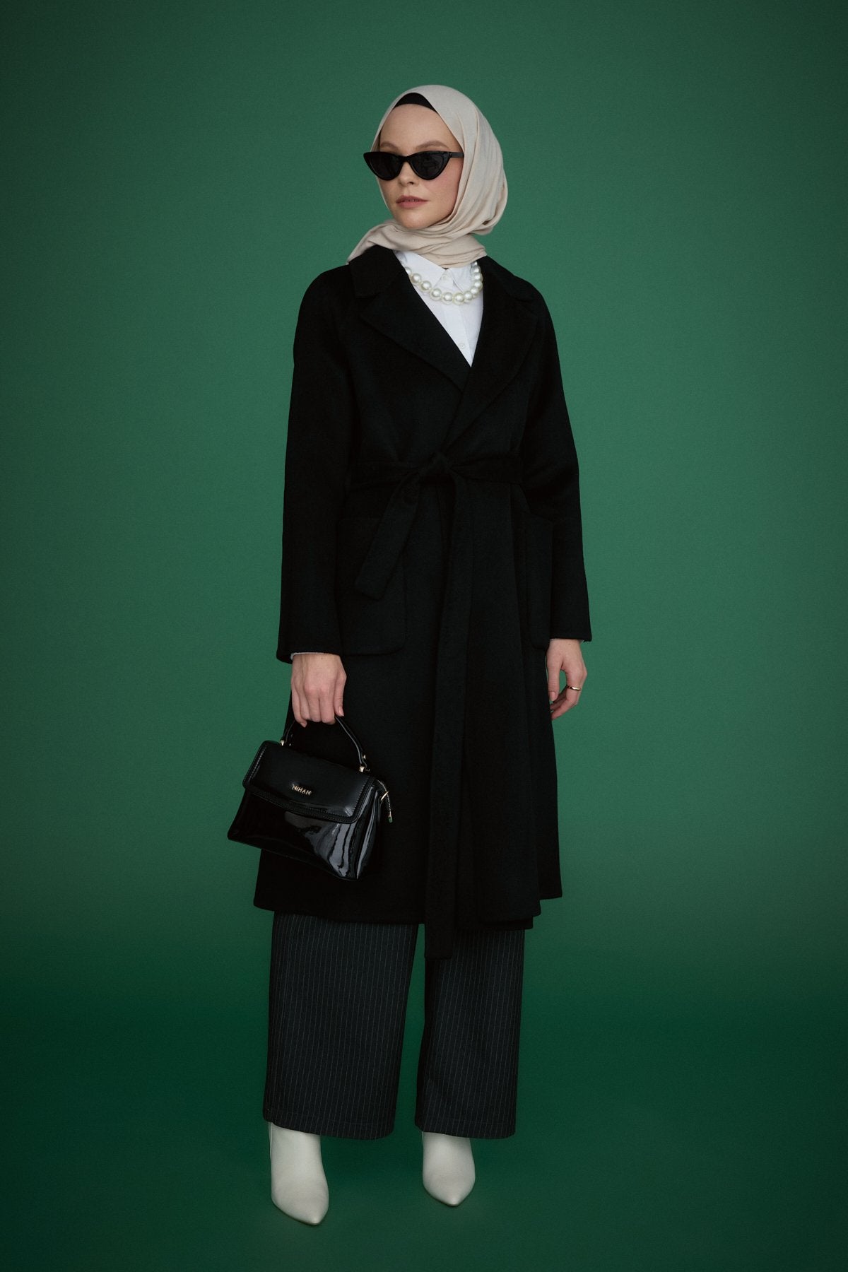 Belted Cashmere Coat with Patch Pockets - Black