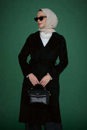 Belted Cashmere Coat with Patch Pockets - Black