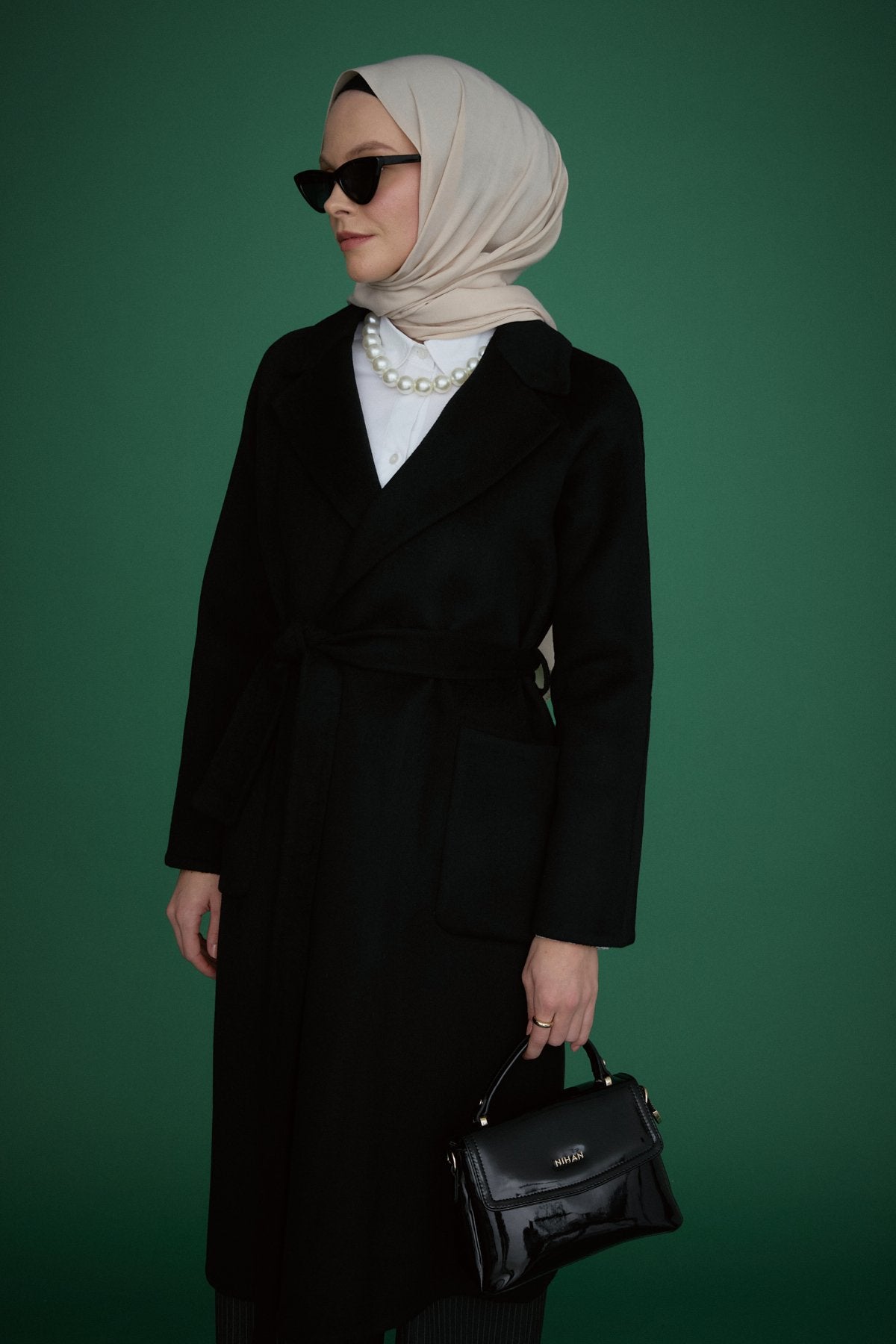 Belted Cashmere Coat with Patch Pockets - Black