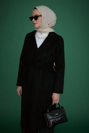Belted Cashmere Coat with Patch Pockets - Black