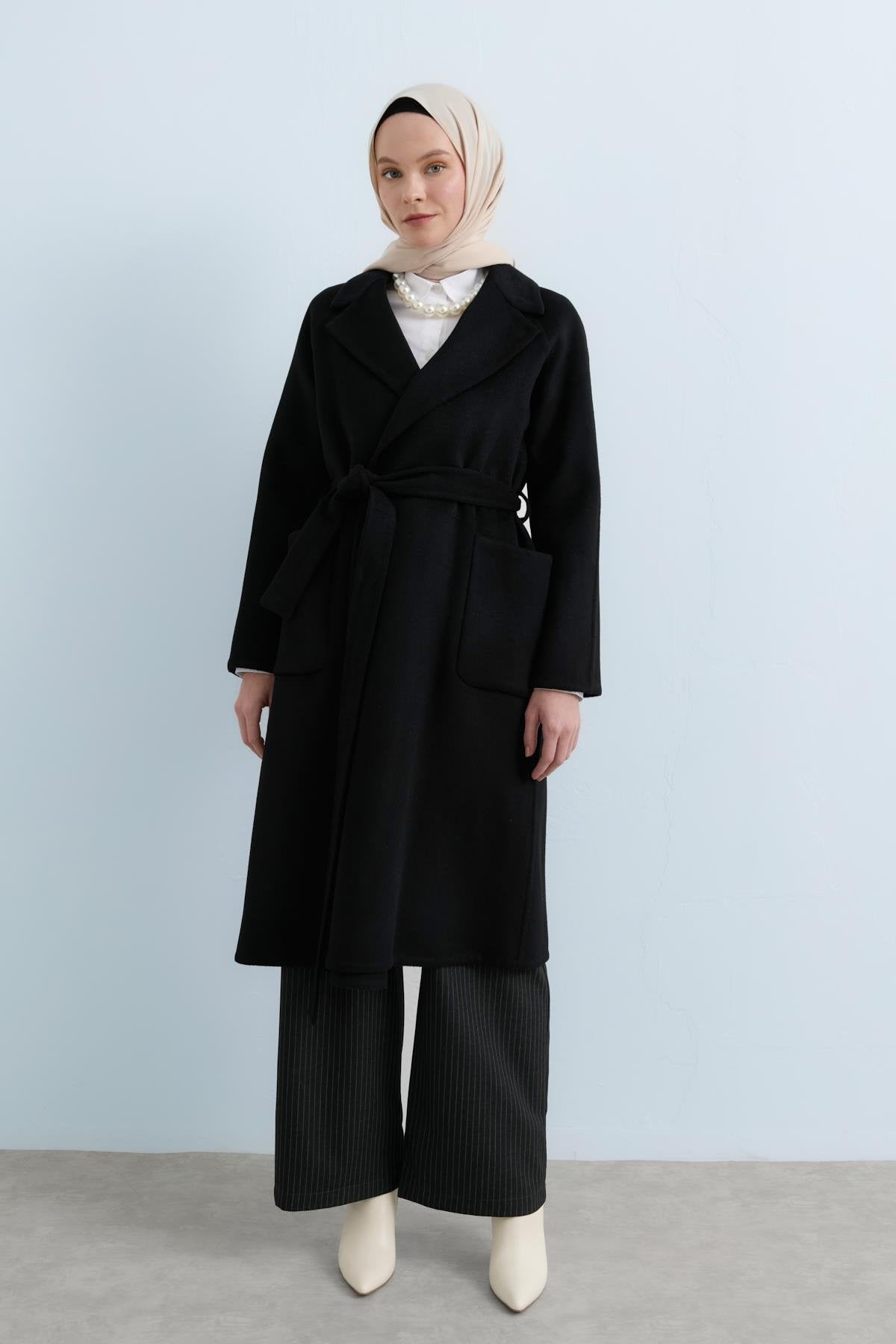 Belted Cashmere Coat with Patch Pockets - Black