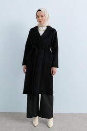 Belted Cashmere Coat with Patch Pockets - Black